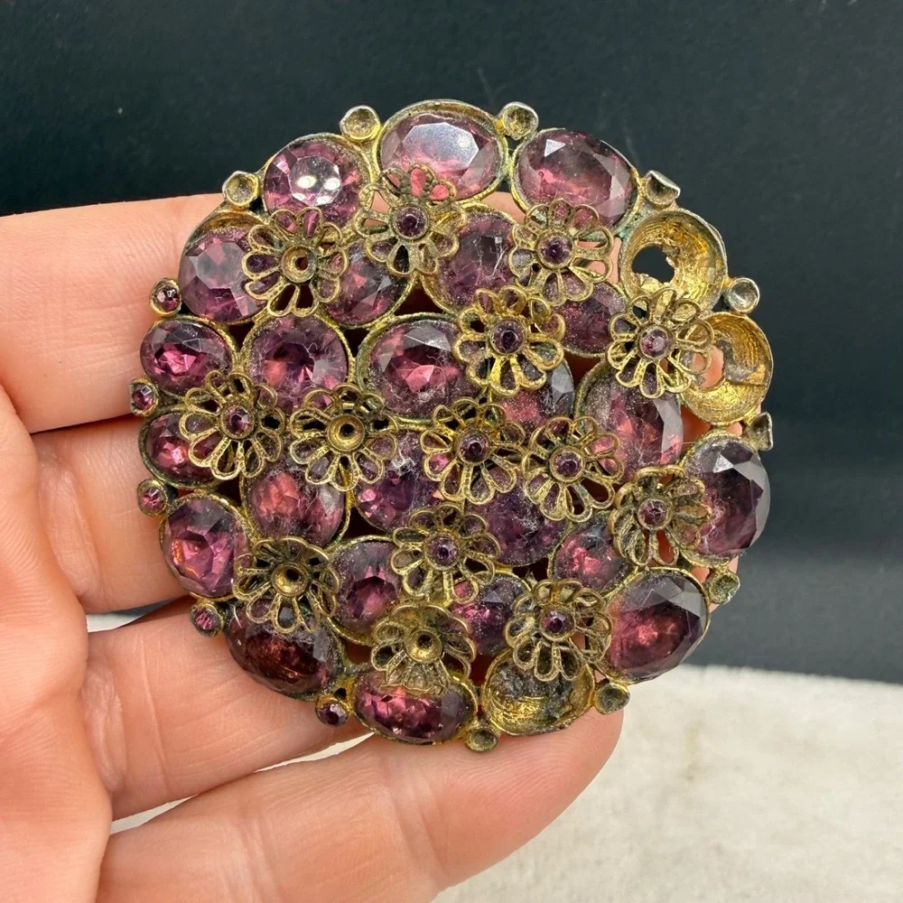 Vintage Rhinestone Brooch Gold Tone Purple Heavy WELL MADE READ